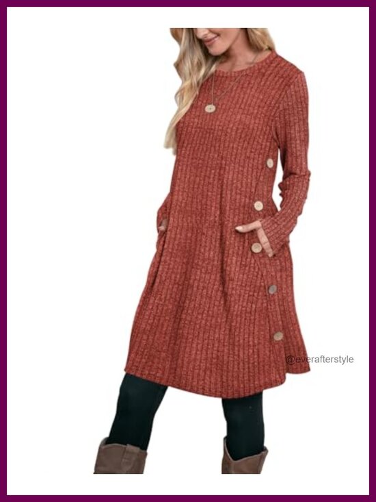 Dresses & Skirts - Ribbed Knit Long Sleeve A-Line Dress with Pockets Button Detail